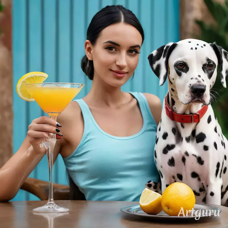 ragazza con cane dalmata e uncocktail