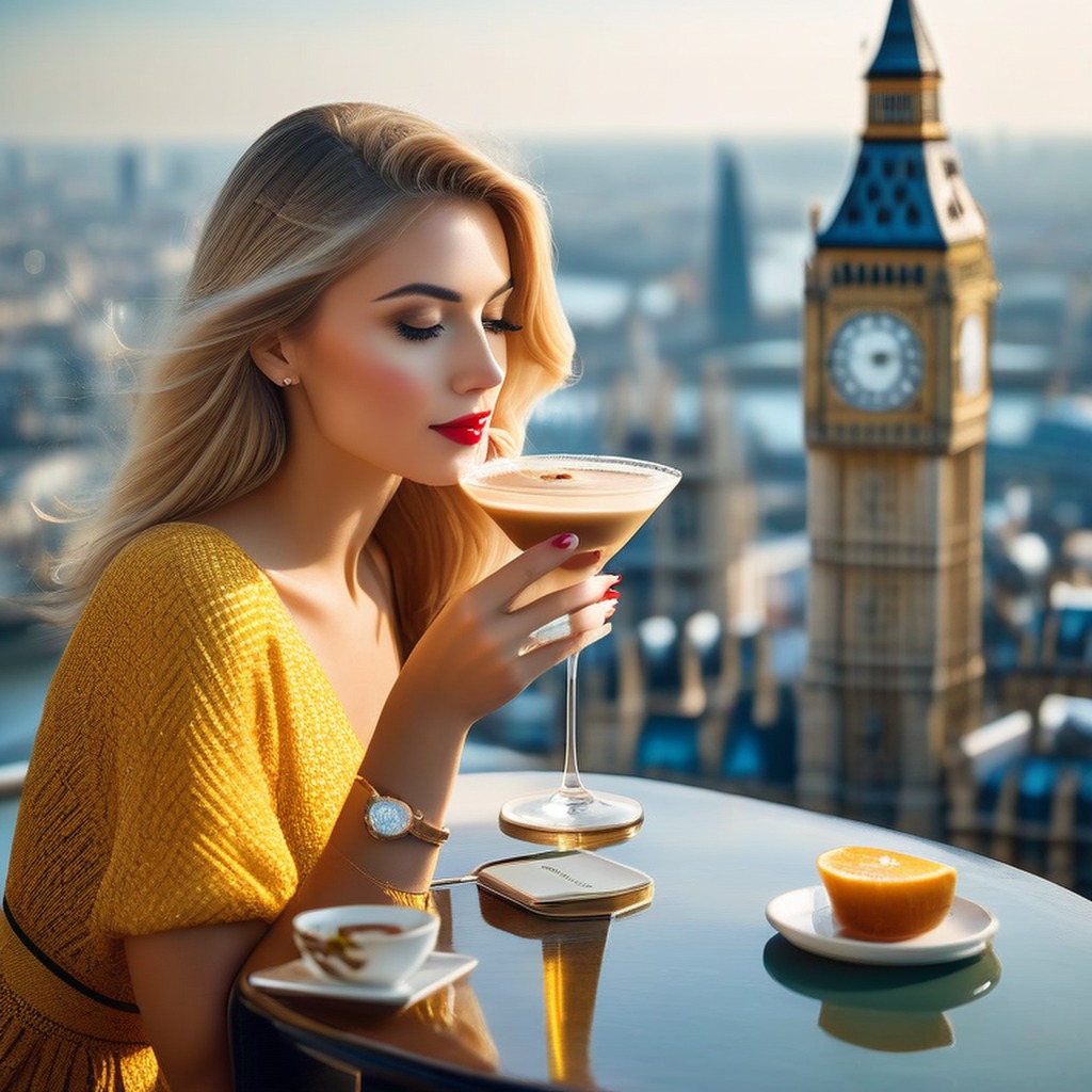 ragazza che beve espresso martini con lo sfondo si Londra