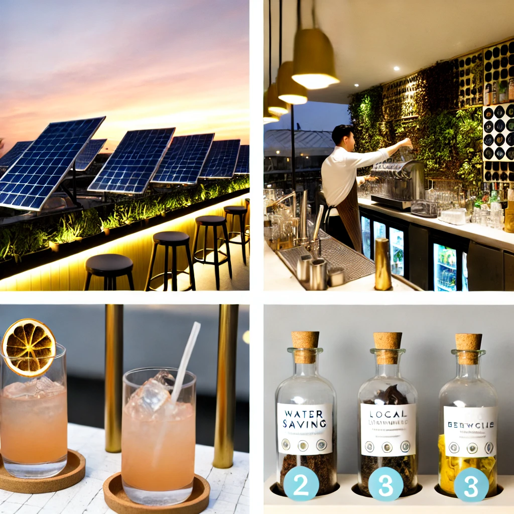 DALL·E 2024-11-21 10.17.49 - 1. A rooftop eco-bar during sunset, where bartenders are serving sustainable cocktails. The setting includes plants, solar panels in the background, a